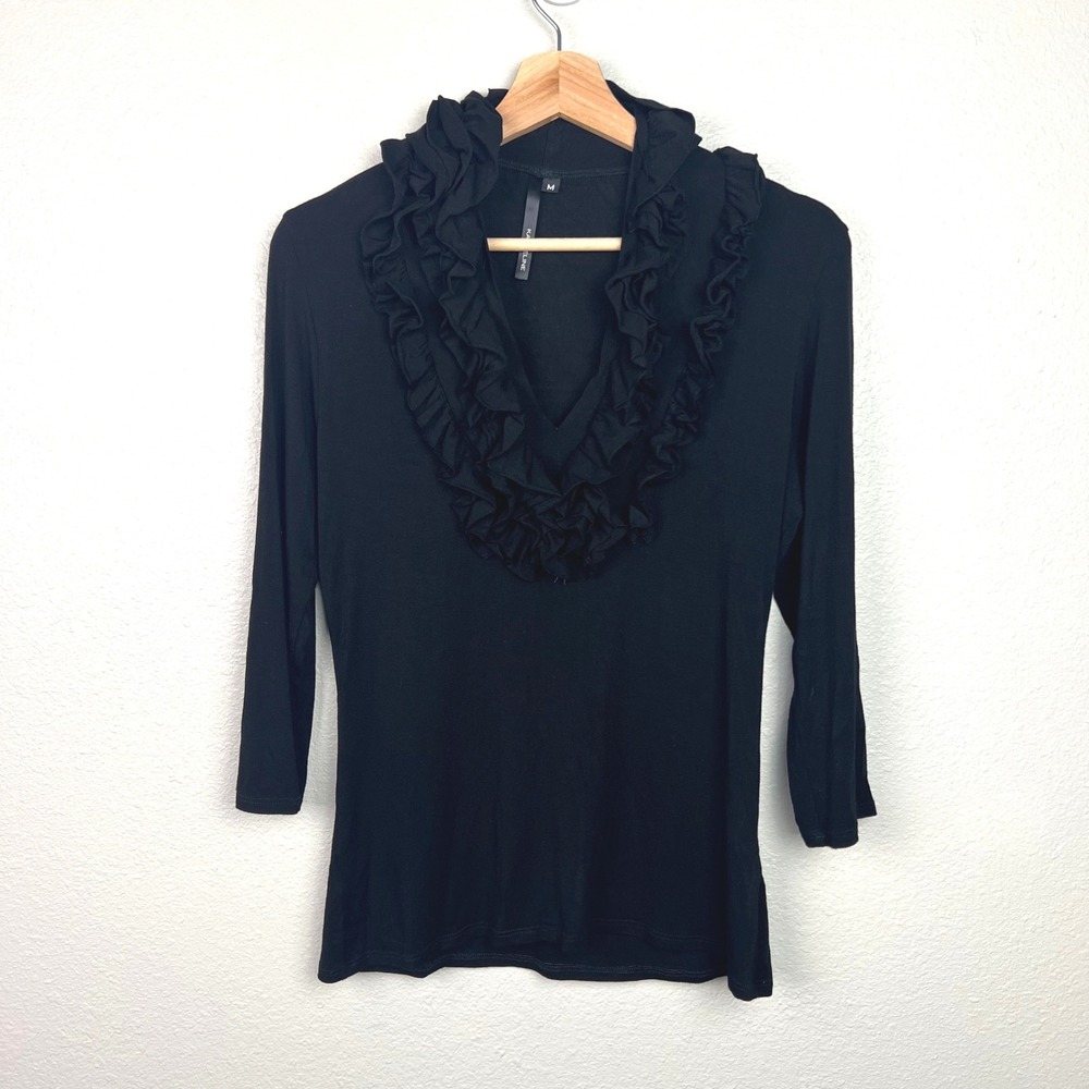 Kay Celine Black Ruffled Neck 3/4‎ Sleeve Top Women's Size Medium
